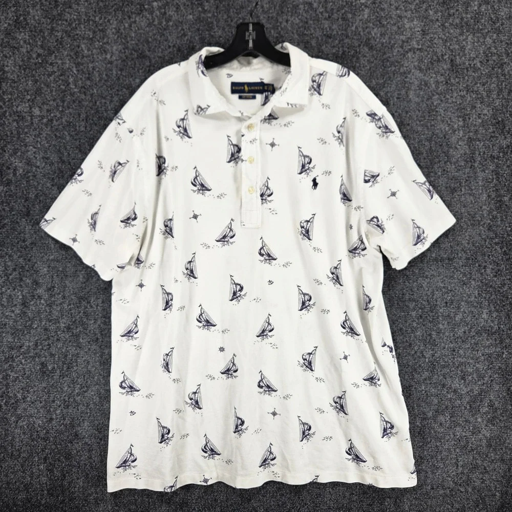 Ralph Lauren Knit Oxford Mens XLT‎ Sailboat Print White Cotton Polo Preppy Yacht